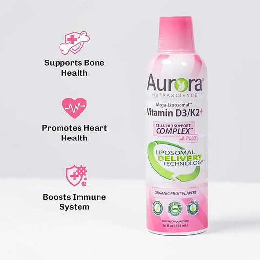 Aurora Nutrascience Mega-Liposomal Vitamin D3/K2+ with Vitamin C for Cognitive Health, Organic, Gluten Free, Non GMO, Strawberry Flavor, 32 Servings 16 fl oz