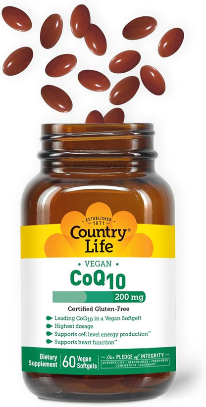 Country Life Simply CoQ10 200mg – Supports Heart Function & Cellular Energy, Vegan Softgels, Certified Gluten-Free, Non-GMO, 60 ct – Cardiovascular Health Supplement
