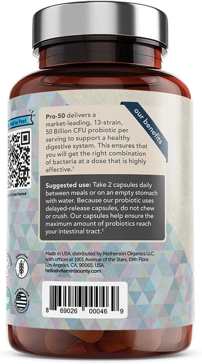 Vitamin Bounty Pro-50 Probiotics 50 Billion CFU for Women & Men - 13 Multi Strain Probiotic + Prebiotic - Digestive Health Supplements for Gut Health Support - Delayed Release Capsules for Men & Women