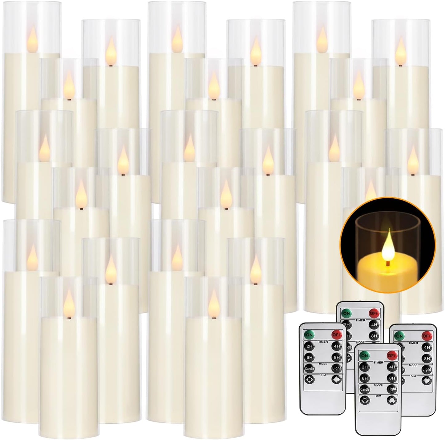 24 Packs of Acrylic LED Candles, Flickering Flameless Candles Battery Operated with Remote Dimmed and Timed, 3D Wick Candles for Home Decor,Wedding,Gift，Parties and Festivals. (3 Size)