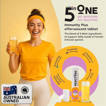 5 in 1 Immune Booster – Vitamin C, Zinc, Manuka Honey, Rosehip & Propolis – Natural Orange Fizzy Drink Supplement for Daily Immune Support (60 Effervescent Tablets)