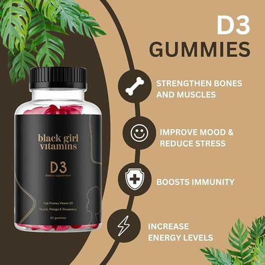 Black Girl Vitamins - Vitamin D3 Gummies, for Immune, Energy, and Bone Support, 2000IU (50mcg) Vitamin D per Serving, Gluten-Free Vitamin D Gummies