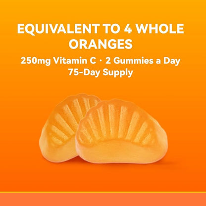 Zero Sugar Vitamin C Gummies 250 mg per Serving, Immune & Antioxidant Support, Natural Orange Flavor, 150 Count, 75 Day Supply, Sugar-Free, Vegetarian Gummies, No Artificial Sweeteners or Flavors