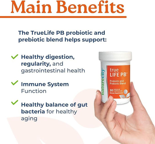 NatureCity True-Life-PB Shelf Stable Blend Prebiotics and Probiotics for Women and Men - Digestive Gut Health Supplements for Women and Men - Dairy Free - (60 Veggie Capsules)