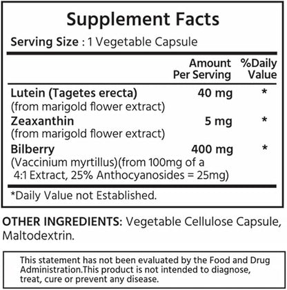ML Naturals Premium Lutein & Zeaxanthin with Bilberry 60 Vegetable Capsules. Lutein 40 mg, Zeaxanthin 5 mg, and Bilberry 400 mg. Premium Quality. Healthy Eyes & Vision, NSF-Certified & cGMP-Compliant