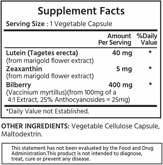 ML Naturals Premium Lutein & Zeaxanthin with Bilberry 60 Vegetable Capsules. Lutein 40 mg, Zeaxanthin 5 mg, and Bilberry 400 mg. Premium Quality. Healthy Eyes & Vision, NSF-Certified & cGMP-Compliant