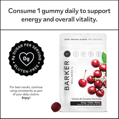 Barker Wellness Vitamin B-Complex Gummies | Energy & Metabolism Support | B1, B5, B6, B7, B9, B12 | Vegan, Sugar-Free | Cherry Flavor | 30 Gummies