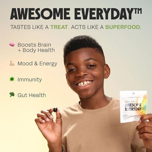 Awesome Everyday Superfood Gummies for Kids & Teens – Multivitamin for Boys & Girls - EAAs, Mushrooms & Adaptogens - Vegan, No Artificial Flavors, Colors or Seed Oils - Ages 2-15 - 28 Count