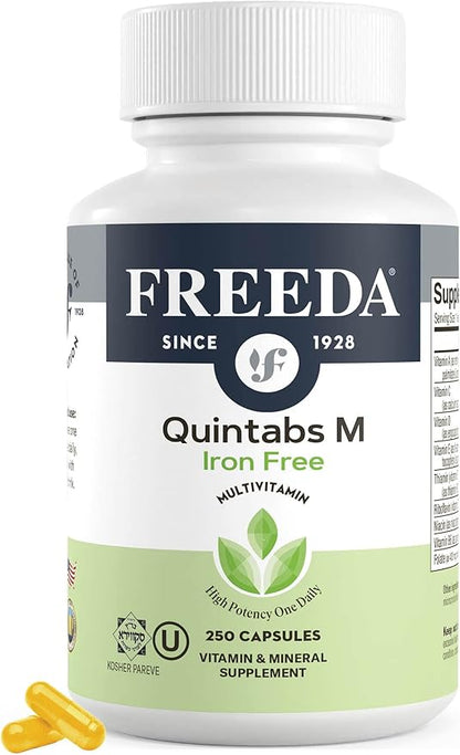 FREEDA One Daily Multivitamin Without Iron – Kosher Adult Multivitamin Supplements for Women & Men’s Health with Biotin, Vitamin B12, B1, B2, B5, Folic Acid, Niacinamide – Gluten Free (250 Capsules)