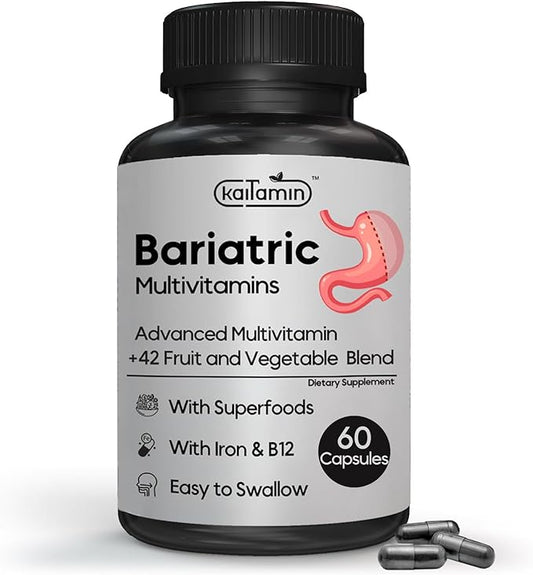 Bariatric Multivitamin with Iron - Easy-to-Swallow Capsule for Post Bariatric Surgery - Post Sleeve and Post Bypass with 42 Fruit & Veggies Blend - 60 Liquid Capsules