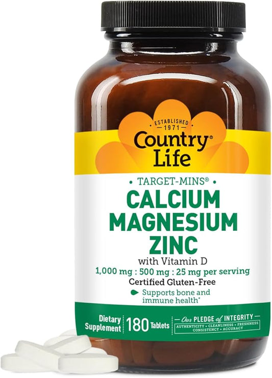 Country Life Calcium Magnesium Zinc with Vitamin D3 and L-Glutamic Acid, Dietary Supplement for Bone Support, Certified Gluten Free, 1000mg/500mg/25mg, 180 Tablets