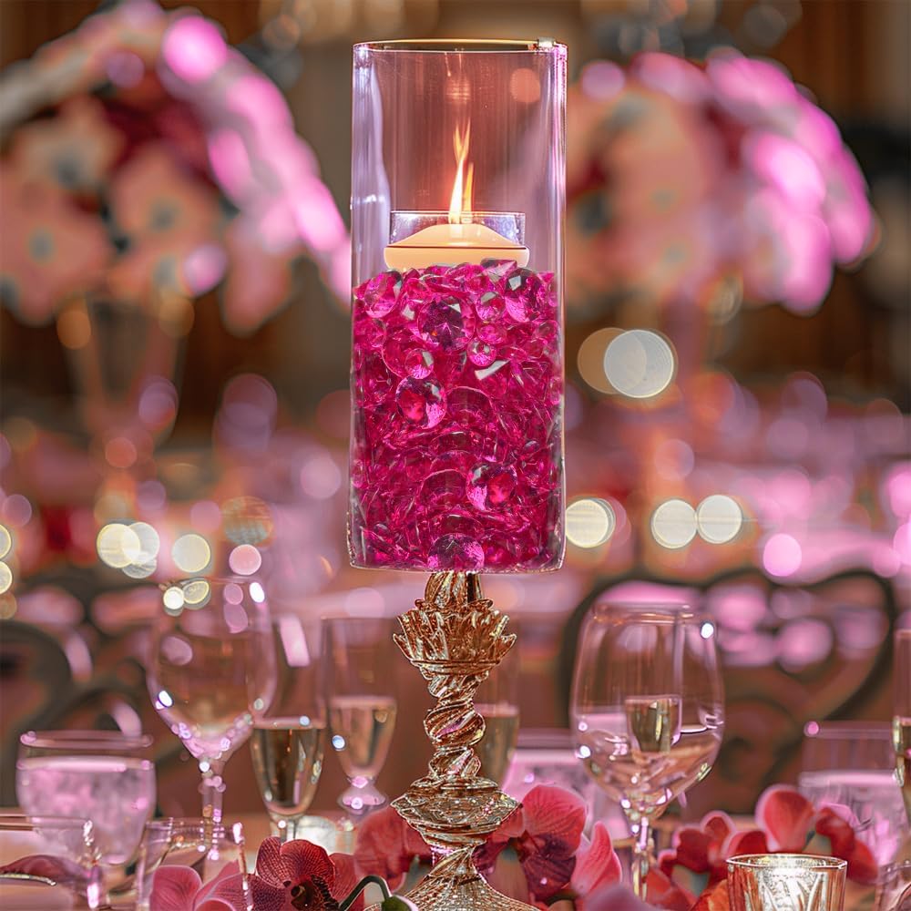 HappyFiller 720 Pcs Fuchsia Acrylic Diamonds Gems for Wedding Decorations Table Scatters,Vase Fillers, Treasure Gemstones,Bridal Shower,Floral Home Centerpieces,Party Favor,14 OZ,0.8/0.4 Inch Mix