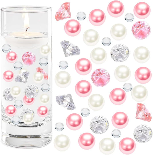 HappyFiller 1075 PCS Floating Pearl Beads,Gems for Centerpiece,Vase Filler Fink Faux Pearls Fake Crystal Diamonds,Table Candles Party Wedding Decoration 14 OZ