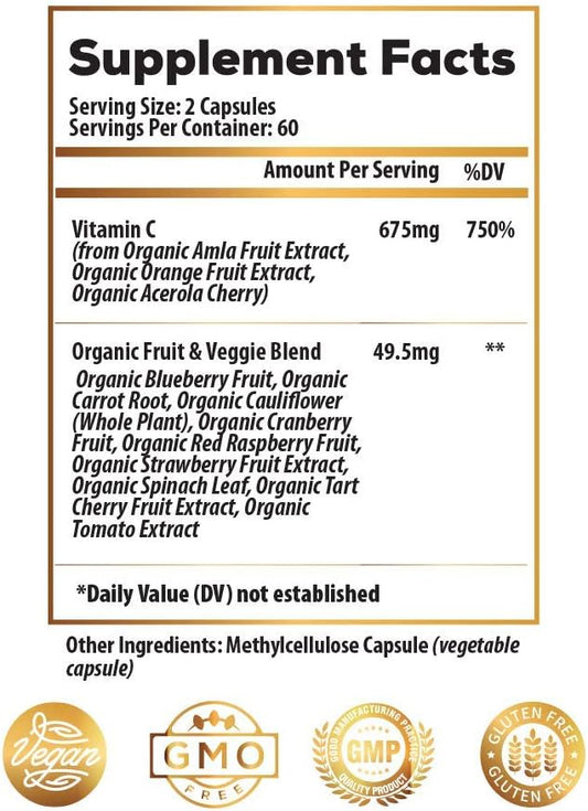 Ideal Infusion Raw Whole Food Vitamin C Complex: Organic Vitamin C from Oranges and Berries with Natural Food Based Bioflavanoids (60 Servings) No Synthetic Ascorbic Acid