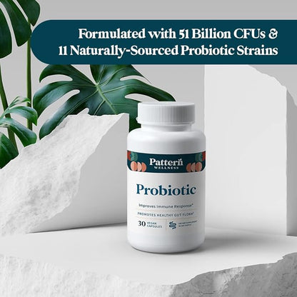 Pattern Wellness Probiotic Supplement - 51 Billion CFU - Promotes Healthy Gut Flora - Maintains Digestive Balance & Boosts Immune Health - All Natural, Non-GMO - 30 Vegan Capsules