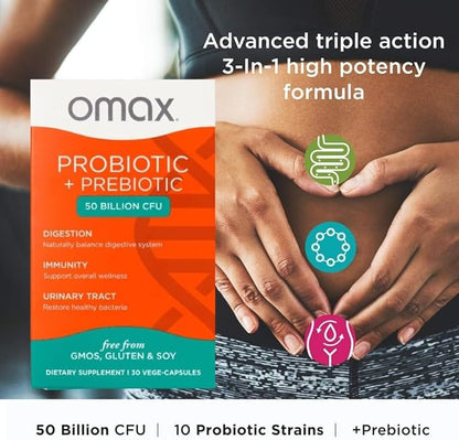 Omax3 Boxes Vegan Probiotic + Prebiotic Supplement Pills, 50 Billion CFU, 10 Clinically Studied Strains, Dairy-Free, Non-GMO, Blister Packed (90 Vege-Capsules)