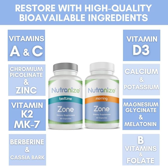 Zone Calcium Supplement, Magnesium Glycinate, Vitamin D3, K2 MK7, Methylfolate, Berberine, Chromium Picolinate, Cinnamon, Melatonin (60 Count of Both Bottles)