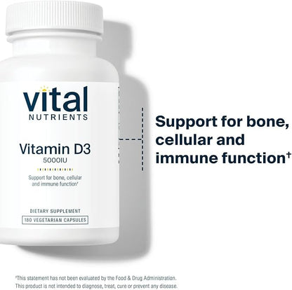 Vital Nutrients Vitamin D 5000 IU | Vitamin D3 Supplement | Healthy Bones, Teeth, Muscles*| Cellular & Immune Function | Calcium Absorption | Gluten, Dairy and Soy Free | 180 Capsules
