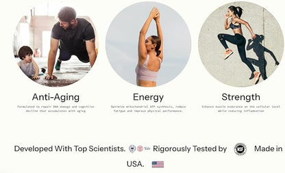 Longevity + Energy - Supplements with Rhodiola Rosea, TMG & Theacrine, Maximize Strength & Recovery, NAD+ Supplement, PQQ for Anti-Aging, 60 Capsules