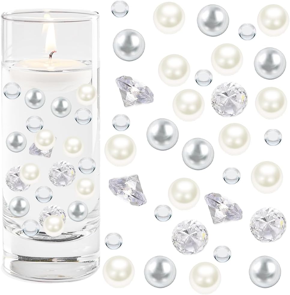 HappyFiller 1075 PCS Floating Pearl Beads,Marbles for Vases Fillers,Wedding Centerpiece,Ivory Faux Pearls Fake Crystal Diamonds and 10g Clear Water Beads,Table Scatters,Party Decoration 14 OZ
