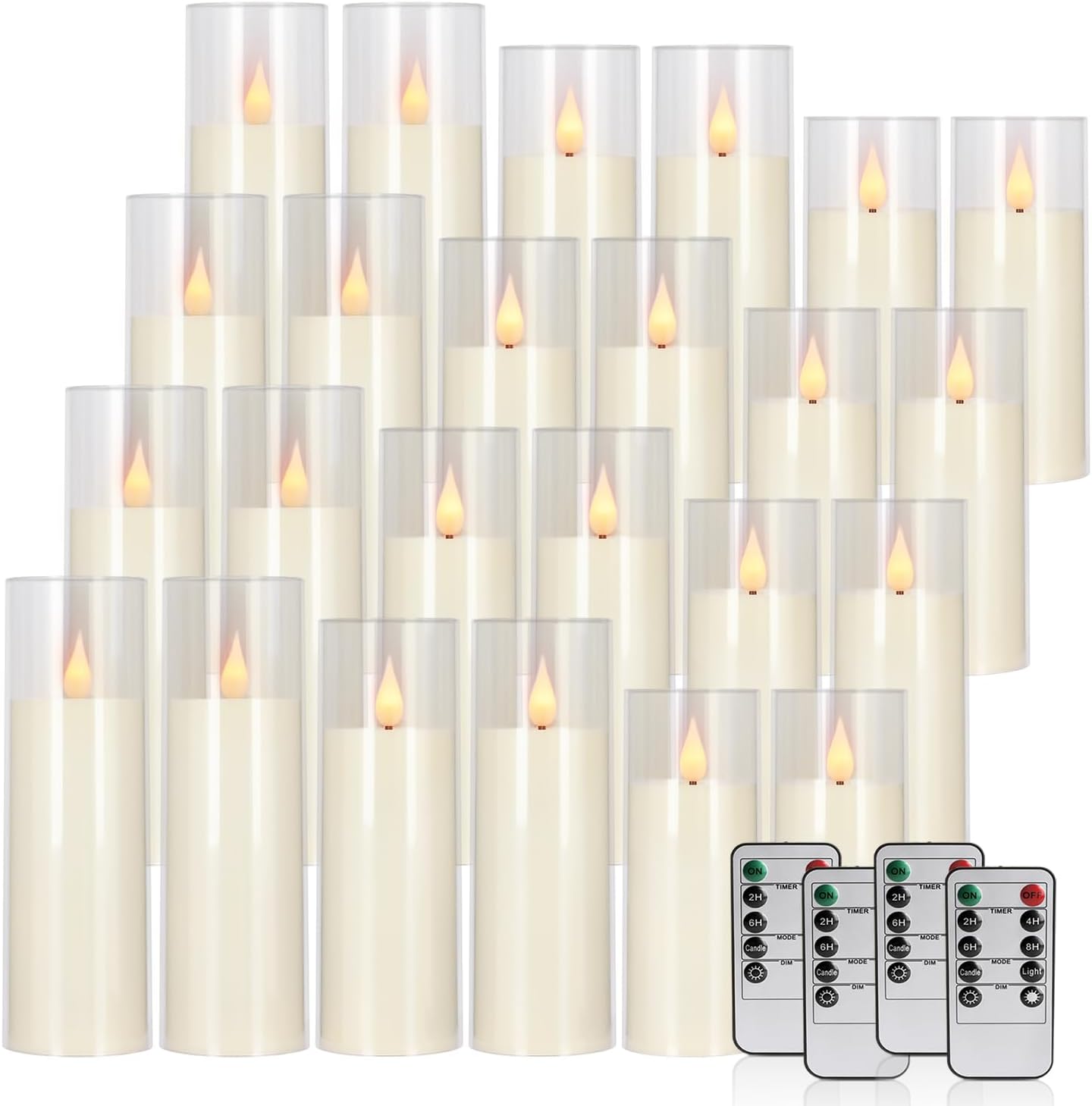 24 Packs of Acrylic LED Candles, Flickering Flameless Candles Battery Operated with Remote Dimmed and Timed, 3D Wick Candles for Home Decor,Wedding,Gift，Parties and Festivals. (3 Size)