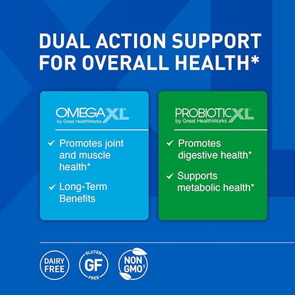 OmegaXL Powerful Joint and Muscle Support Supplement 60 Count (2 Pack) & Probiotic XL - PreforPro, DE111, Shelf Stable - Promote Healthy Gut Flora Growth (30 Veggie caps)