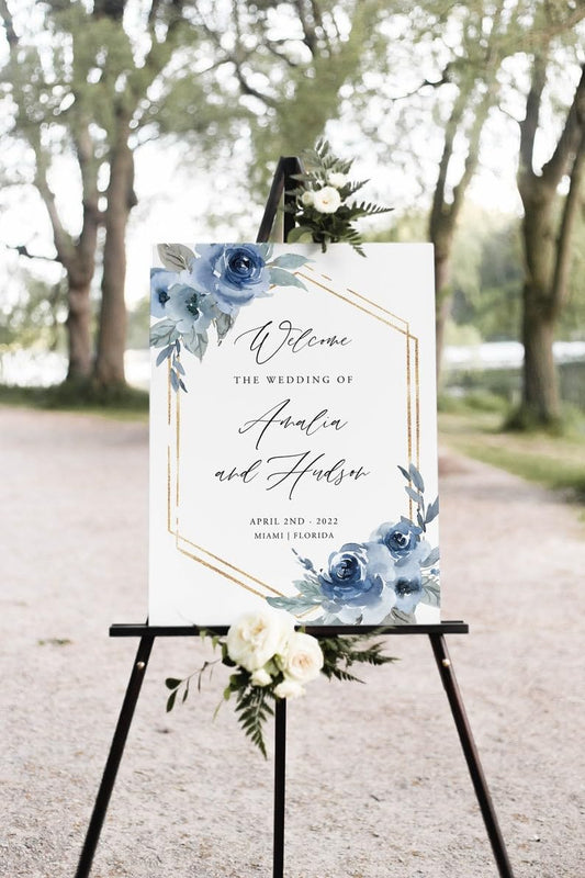 Dusty Blue Wedding Sign, Welcome with Floral, 12''W x 18''L, Plastic