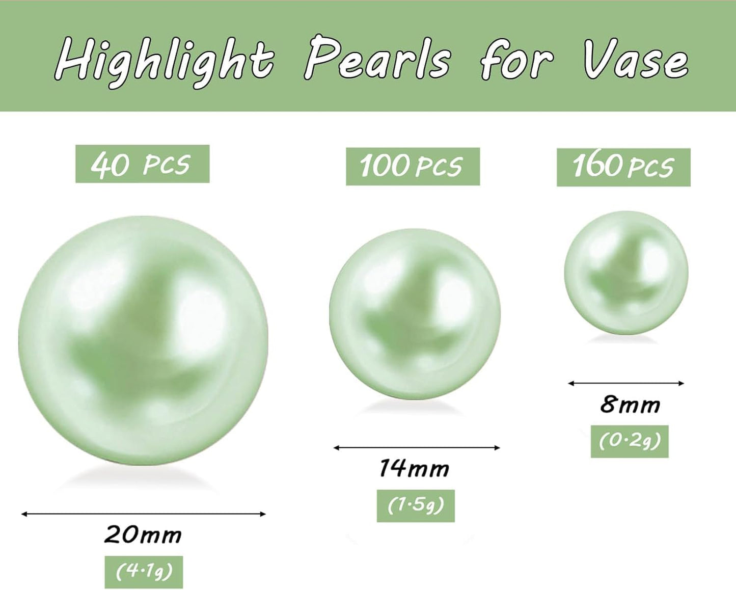 300Pcs Light Green Polished No Hole Faux Pearl Beads for Vase Filling Decorations, Plastic Pearls Vase Fillers, Table Scatters, Wedding Centerpiece, Home Decor, 8/14/20 mm