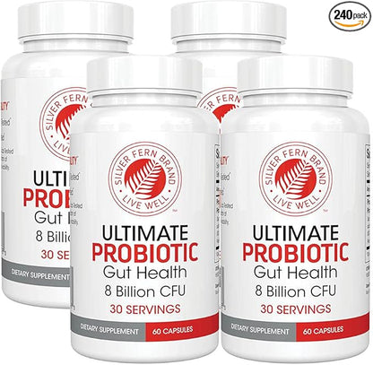 Silver Fern Brand Ultimate Probiotic 4-Pack – Probiotics for Women & Men – 8 Billion CFU Spore-Forming Gut Health Supplement – DNA Verified, Probiotic, Shelf-Stable, High Survivability – 240 Capsules