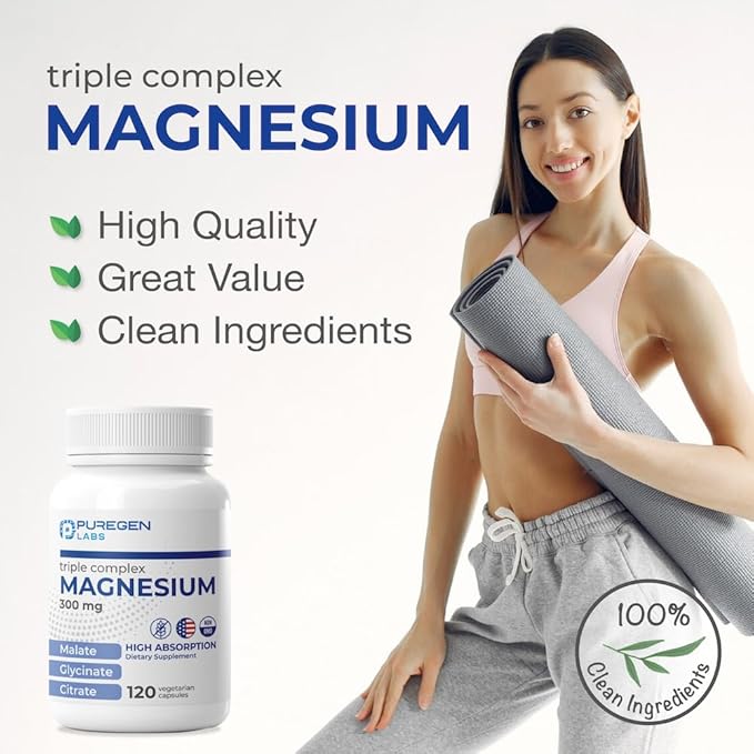 Puregen Labs Triple Magnesium Complex 300mg of Magnesium Glycinate, Malate, & Citrate [High Absorption] 120 Veg Capsules | No Harmful Additives | Non-GMO, NO Gluten and Dairy | Made in USA