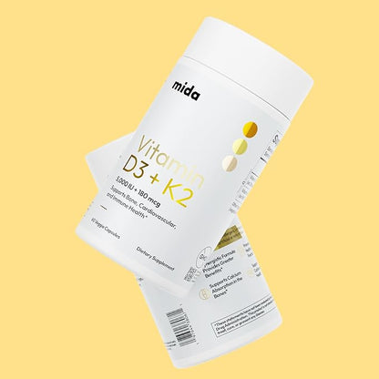 Mida Health® D3 K2 Vitamin 5000 IU with MK-7 | Natural Supplement for Bone, Heart, and Immune Support | Adult Vegan Capsules | 60 Servings