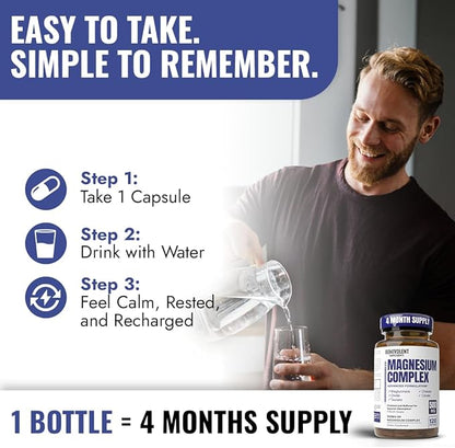 Magnesium Complex Supplement, 4 Month Supply of 500mg 5-in-1 Bisglycinate, Oxide, Taurate, Aspartate, Citrate, Max Absorption Magnesium Supplement for Calm, Sleep & Leg Cramps, 120 Capsule