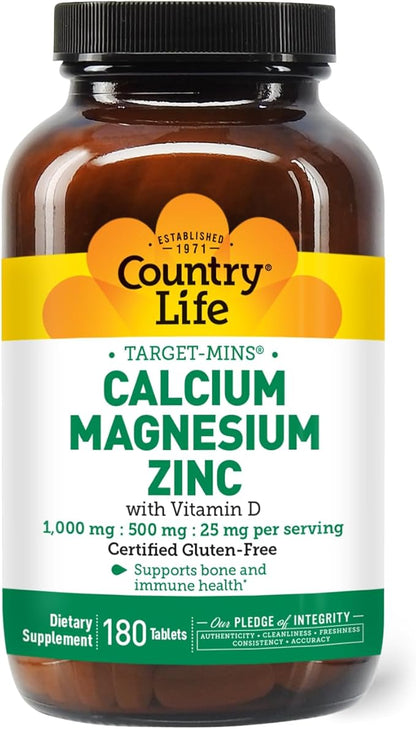 Country Life Calcium Magnesium Zinc with Vitamin D3 and L-Glutamic Acid, Dietary Supplement for Bone Support, Certified Gluten Free, 1000mg/500mg/25mg, 180 Tablets
