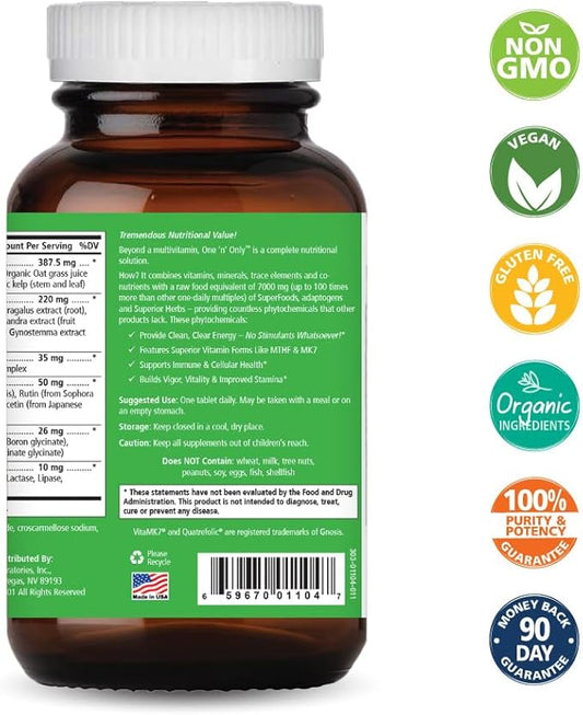One n Only Whole Food Multivitamin by Pure Essence - Super Energetic Once a Day with Superfoods, Minerals, Enzymes, Vitamin D, D3, B12, Biotin - 90 Tablets