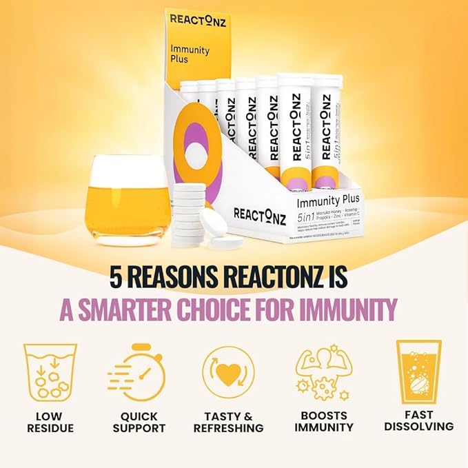 5 in 1 Immune Booster – Vitamin C, Zinc, Manuka Honey, Rosehip & Propolis – Natural Orange Fizzy Drink Supplement for Daily Immune Support (60 Effervescent Tablets)