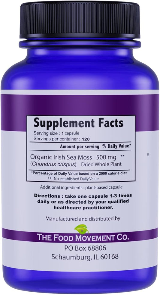 Irish Sea Moss, Organic Prebiotic Food, Over 70 Trace Minerals, Supports Healthy Elimination, Digestion and Immune Support 120 Vegan Capsules