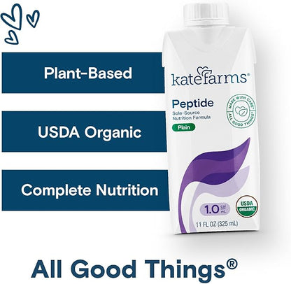 KATE FARMS Organic Adult Peptide 1.0 Formula, Plain, Sole-Source, Hydrolyzed Plant-Based Nutrition for Oral or Tube Feeding, 11 Fl oz (12 Pack)