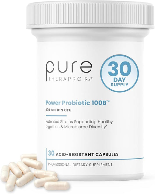 Pure Therapro Rx Power Probiotic 100B | 30 Acid Resistant Capsules - 1 Month Supply | 4 Proven Strains 100 Billion CFU | Flora Balance & Digestion | NO Refrigeration Required | Non-GMO | Zero Fillers