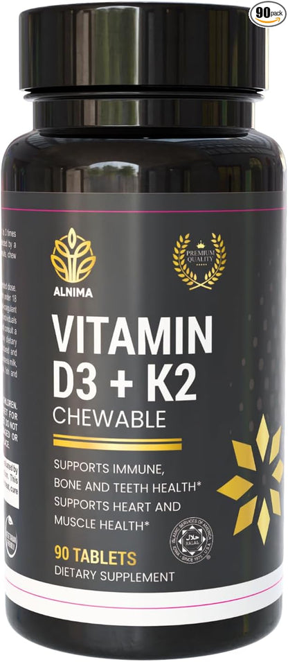 Vitamin D3 + K2 Chewable Tablets – 2000 IU D3 & 75 mcg K2 MK-7 – Halal Certified – Immune, Bone & Heart Support – Natural Cherry Flavor – 90 Tablets – Made in USA