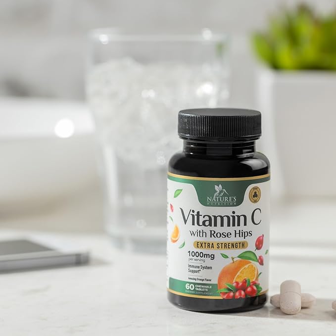 Vitamin C Chewable 1000mg - Extra Strength Antioxidants for Powerful Immune Support w/Vitamin C & Rose HIPS - Potent Dietary VIT C Chews Supplement, Natural, Vegan, Gluten-Free, Non-GMO - 60 Tablets
