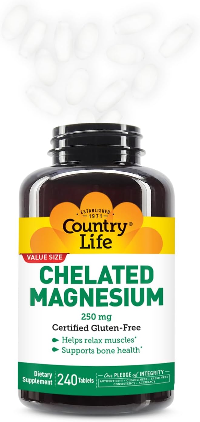 Country Life, Chelated Magnesium 250mg, Supports Bone and Immune Health, Daily Supplement, 240 ct