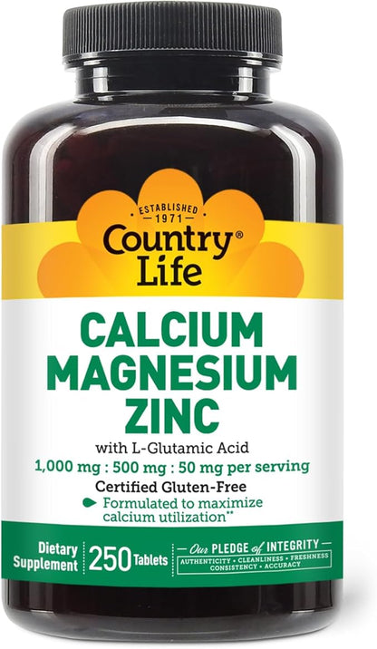 Country Life Calcium Magnesium Zinc with L-Glutamic Acid, Dietary Supplement for Bone Support, Certified Gluten Free, 1000mg/500mg/50mg, 250 Tablets