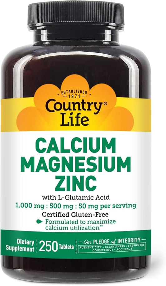 Country Life Calcium Magnesium Zinc with L-Glutamic Acid, Dietary Supplement for Bone Support, Certified Gluten Free, 1000mg/500mg/50mg, 250 Tablets