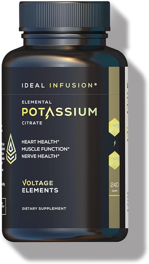 Voltage Elements Potassium Citrate 1430mg - Heart & Kidney Health, Electrolyte Balance, Nerve Function - Elemental Potassium 500mg (240 Capsules) Vegan