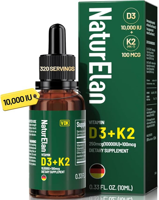 Organic Vitamin D3 K2 Drops with MCT Oil, 10,000 IU Vitamin D Liquid Drops + 100mcg K2(MK-7), 320 Servings, Supports Bone, Immune, Heart & Teeth Health, Third-Party Tested, Vegan, Non-GMO, Gluten Free