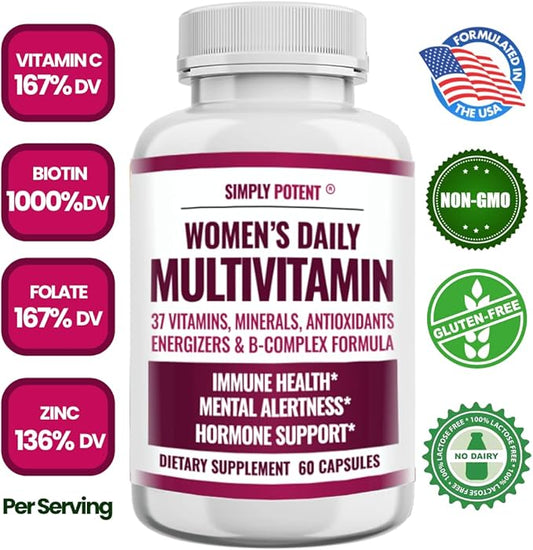 Multivitamin for Women, 37 Multi Vitamins with Minerals, Vitamins A C D E, Biotin, B12, Folate, Zinc, Magnesium, Calcium, Green Tea for Hair, Skin, Nails, Energy, Immune & Hormone Support, 60 Capsules