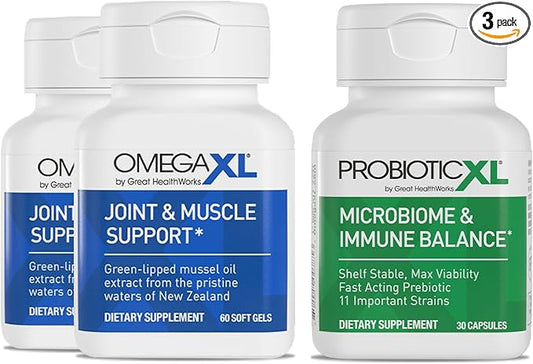OmegaXL Powerful Joint and Muscle Support Supplement 60 Count (2 Pack) & Probiotic XL - PreforPro, DE111, Shelf Stable - Promote Healthy Gut Flora Growth (30 Veggie caps)