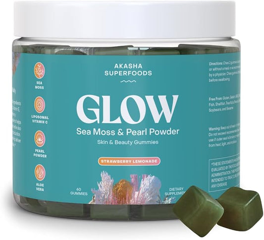 Sea Moss Glow Gummies, Hair, Skin & Nails Vitamins with Seamoss, Pearl Powder, Vitamin E, Aloe Vera, Liposomal Vitamin C, and Irish Sea Moss, Gummies for Women & Men, 60 Count