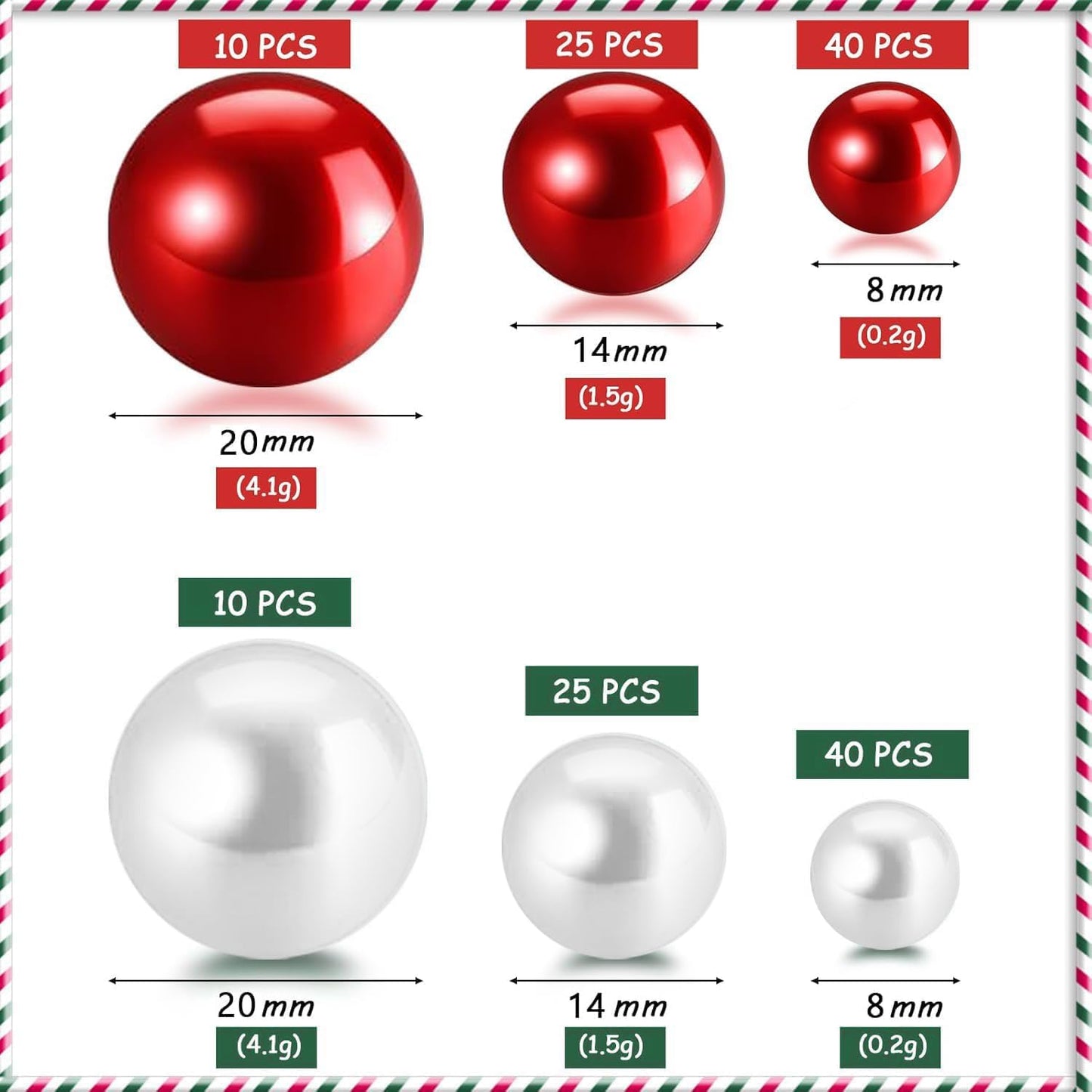 150Pcs Red&White Polished No Hole Pearl Beads Vase Filler, Christmas Vase Filling Decorations, Plastic Pearls, Table Scatters, Wedding Home Decor, 8/14/20 mm