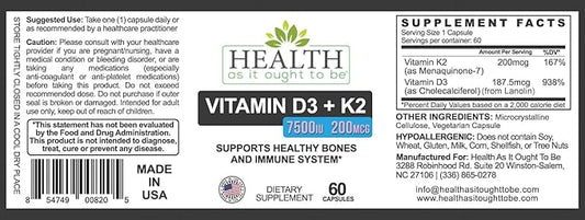 Health As It Ought To Be Vitamin D3+K2 Supplement | Supports Healthy Bones and Immune Health | 60 Capsules